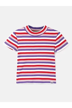 Benetton Girls Striped Round Neck Cotton Regular T-shirt