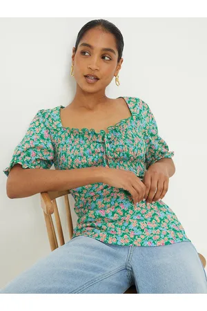 Dorothy Perkins Floral Print Tie-Up Neck Textured Puff Sleeve Top