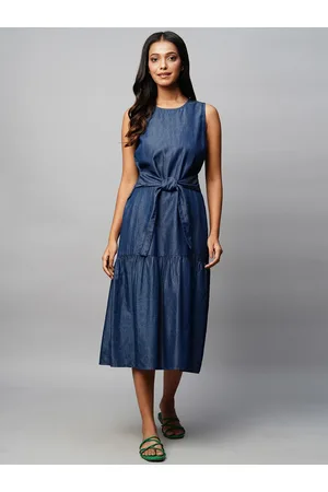 Chemistry Denim A-Line Midi Dress With Front Tie Up