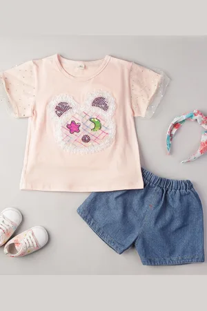 Bold N Elegant Girls Embellished Round Neck Top with Shorts