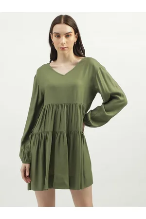 Benetton V-Neck Puff Sleeves Gathered A-Line Mini Dress