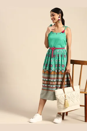 Sangria Women Sea Green Ethnic Motifs Printed Slip Midi Dress