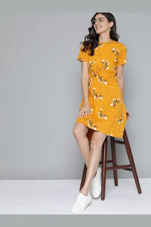 Mast & Harbour Women Mustard Yellow & Off White Floral A-Line Dress