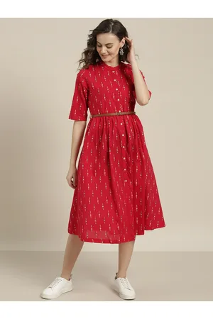 Sangria Red & White Geometric Printed Cotton A-Line Dress