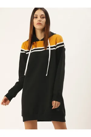Campus Women Black & Mustard Yellow Colourblocked Hooded Jumper Dress