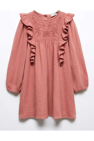 MANGO Girls Cotton Floral Embroidered Ruffle Detail A-Line Dress