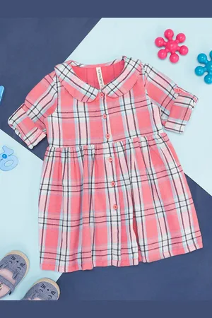 Pantaloons Girls Checked Peter Pan Collar Roll Up Sleeves Cotton Fit & Flare Dress