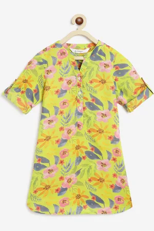 Campana Girls Floral Printed Mandarin Collar Roll-Up Sleeves Cotton Kurta