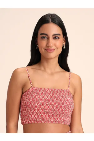 20Dresses Red Ethnic Motifs Printed Smocked Fitted Crop Chiffon Top
