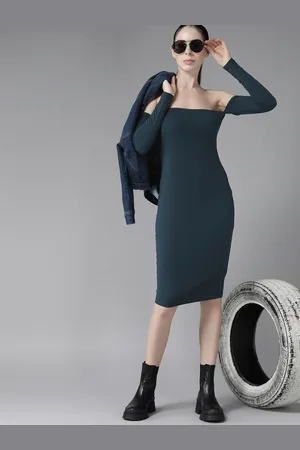 Roadster Teal Blue Solid Off-Shoulder Bodycon Dress