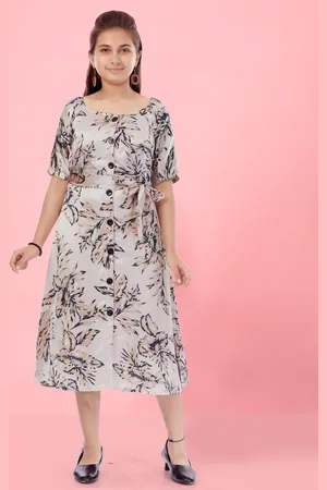 Aarika Girls Floral Printed Round Neck Belted Silk A-Line Midi Dress