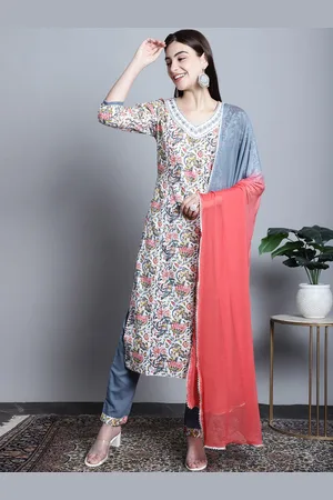 Rajnandini Women White Floral Printed Regular Thread Work Pure Cotton Kurti with Trousers & With Dupatta