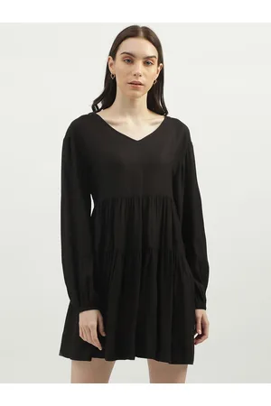 Benetton V-Neck Puff Sleeves A-Line Mini Dress