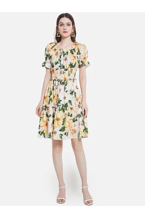 JC Collection Women Yellow & Green Floral Off-Shoulder Dress