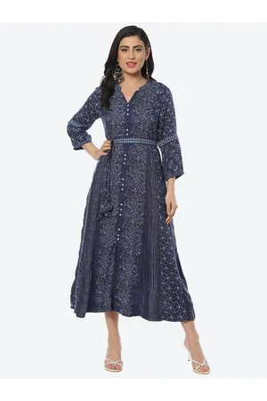 Biba Printed Band Collar A-Line Midi Dress