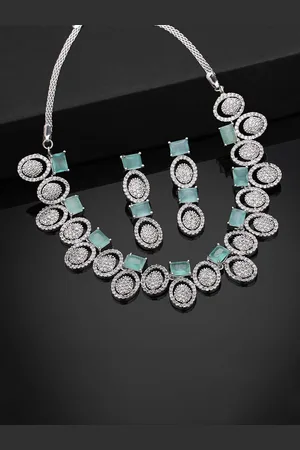 ESTELE Rhodium Plated CZ Mesmerizing Necklace Set with Mint Green Crystals for Women