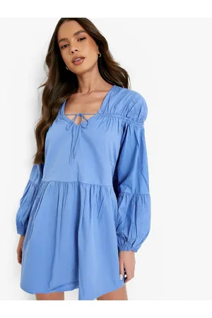 Boohoo Pure Cotton Tie-Up Neck A-Line Mini Dress