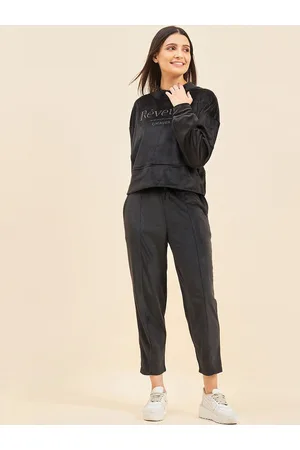 Sweet Dreams Women Black Typographic Printed Velour Tracksuit