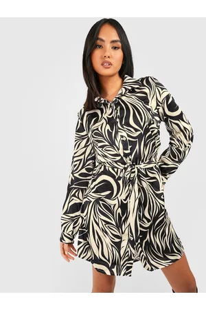 Boohoo Abstract Printed Shirt Mini Dress with Belt