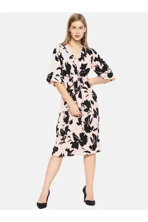 Campus Pink & Black Floral Crepe Midi Dress