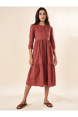 Pantaloons Checked Puff Sleeve Gathered Tiered Cotton A-Line Midi Dress