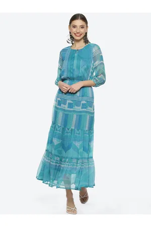 Biba Geometric Printed Round Neck A-Line Midi Dress