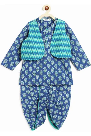Campana Boys Ethnic Motifs Printed Kantha Work Pure Cotton Kurta with Dhoti Pants & Jacket