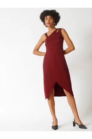 Campus Women Maroon One Shoulder Scuba Sheath Knee Length Casual Dress