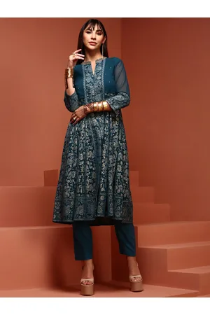 IMARA Floral Printed Mandarin Collar Sequinned Detailed A-Line Kurta With Trousers