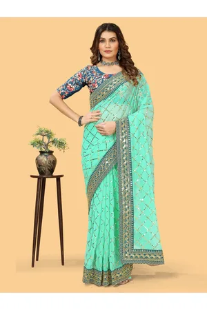 Sangria Turquoise Blue & Gold-Toned Embellished Beads and Stones Pure Georgette Bagh Saree