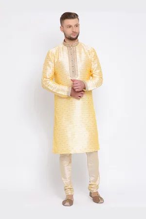 Sanwara Men Yellow Woven Design Straight Kurta
