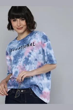 HERE&NOW Women Blue & Pink Tie and Dye Drop-Shoulder Sleeves Pure Cotton T-shirt