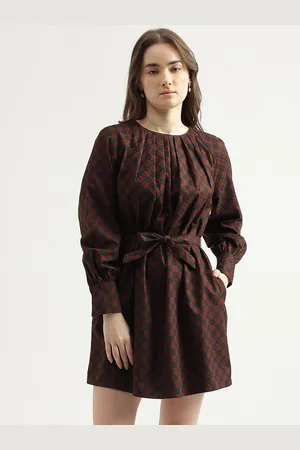 Benetton Checked Cuffed Sleeves Belted Cotton Sheath Mini Dress