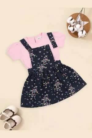 MeeMee Girls Floral Printed Cotton Pinafore Dress