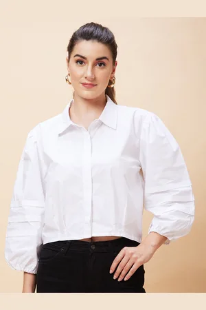 Globus White Puff Sleeve Pure Cotton Shirt Style Crop Top