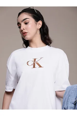 Calvin Klein Jeans Brand Logo Embroidered Drop-Shoulder Sleeves Pure Cotton  Boxy T-shirt