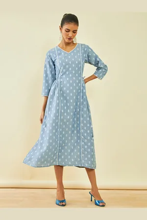 Soch Blue Ethnic Motifs Print A-Line Midi Ethnic Dress