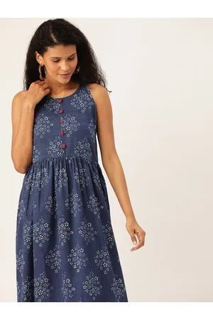 Taavi Women Blue Indigo Hand Block Print A-Line Dress with Gathers Detail