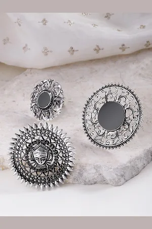 Sangria Set Of 3 Silver-Plated Oxidised Adjustable Finger Rings