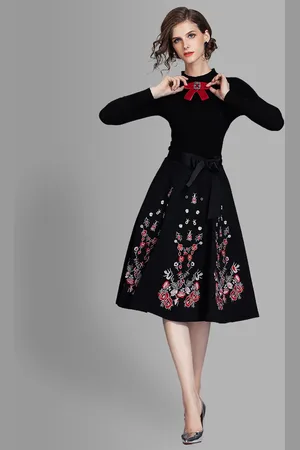 JC Collection Women Black & Red Floral Embroidered Tie-Up Neck Bow Detailed Dress
