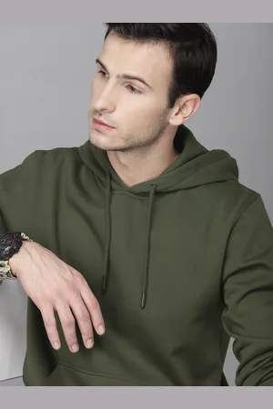 Roadster Men Olive Green Solid Hooded Sweatshirt