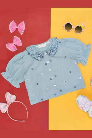 Pantaloons Girls Floral Printed Peter Pan Collar Puff Sleeve Cotton Regular Top
