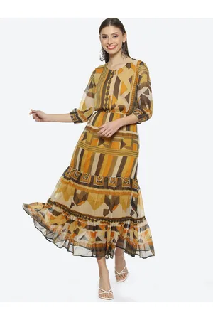 Biba Geometric Printed Round Neck A-Line Midi Dress