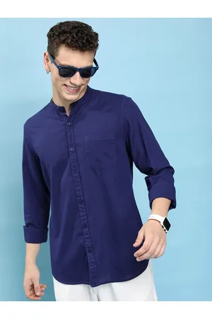 Highlander Blue Slim Fit Band Collar Long Sleeve Pocket Cotton Casual Shirt