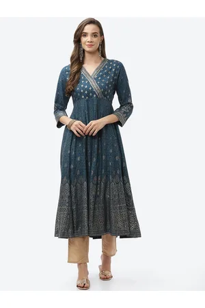 Biba Women Teal & Silver-Toned Ethnic Motifs Printed Thread Work Anarkali Kurta