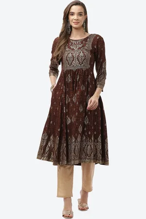 Biba Women Brown & Gold-Toned Printed Thread Work Anarkali Kurta