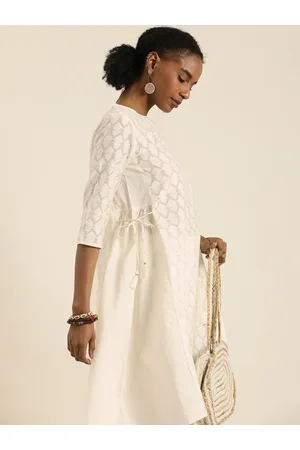 Taavi Cora Off White Woven Design A-Line Kurta With Tie-ups Detail