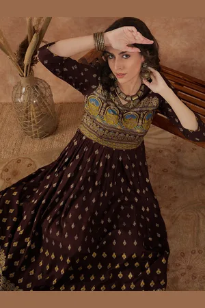Sangria Brown & Gold Toned Ethnic Motifs Printed V Neck Gathered Maxi Ethnic Dress
