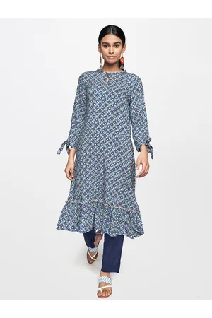 Global Desi Women Blue & Yellow Printed Keyhole Neck Kurta