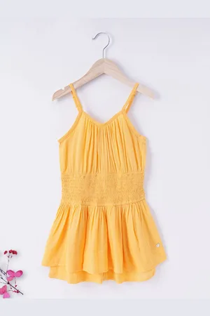 Ed-a-Mamma Girls Mustard Yellow Smocked Layered Sustainable Cotton Playsuit